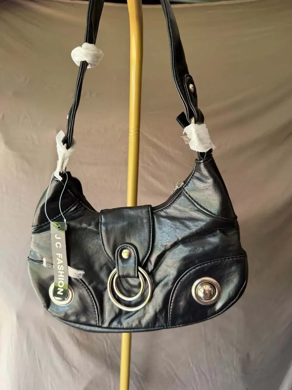 JC Fashion Black Faux Leather Hobo Shoulder Bag with Silver-Tone Hardware